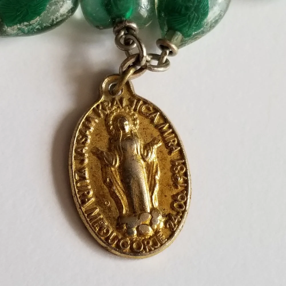Vintage Saint Jude rosary bubble bead catholic lucite green silver gold tone